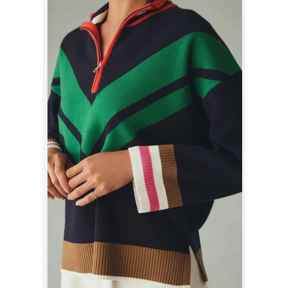 Maeve Green and Navy Sweater with Striped Accents